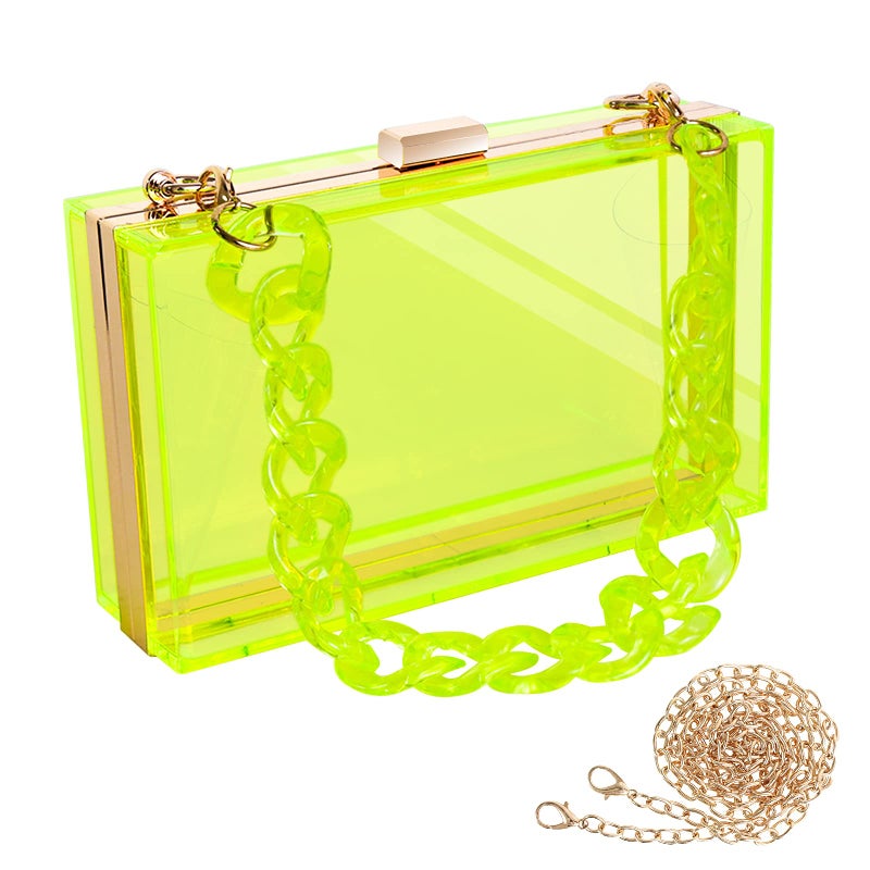 WJCD Women Clear Purse Acrylic Box Clutch Handbag, Small Transparent Crossbody Evening Bag Stadium Approved Gold Chain Strap (Green 2 chains) - Image 1